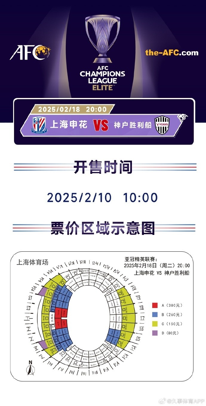 上海申花vs神戶勝利船票務(wù)方案：明日開售，票價區(qū)間80元-380元