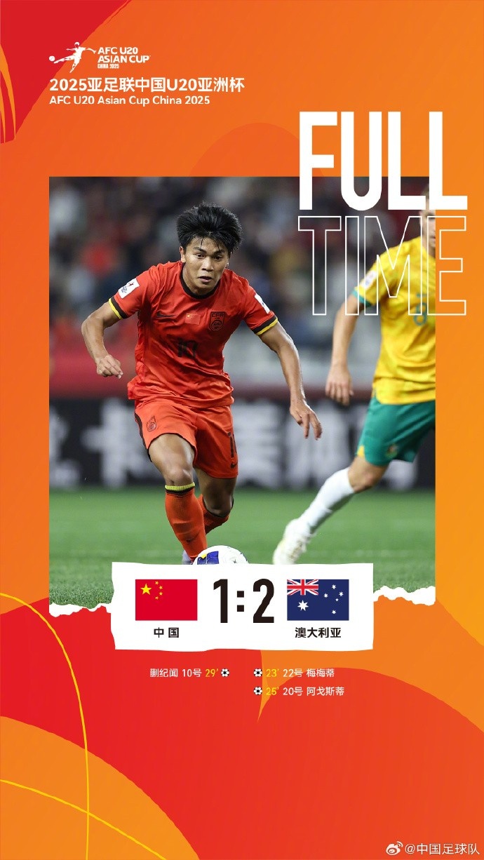  U20亞洲杯小組賽A組第三輪，中國隊1比2負于澳大利亞隊