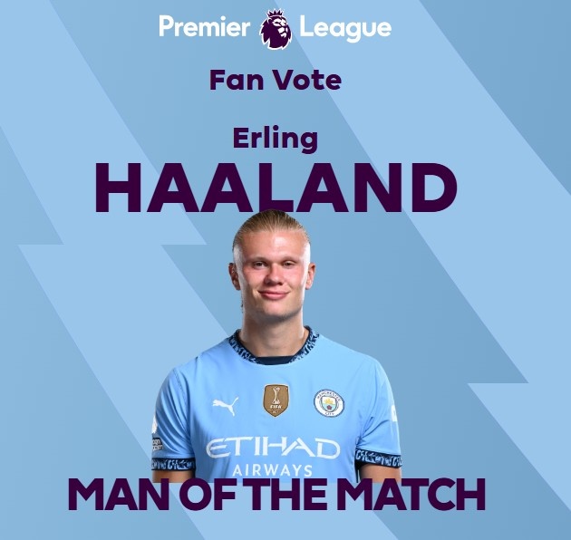  打進(jìn)致勝球！英超官方：哈蘭德當(dāng)選曼城1-0熱刺全場最佳球員